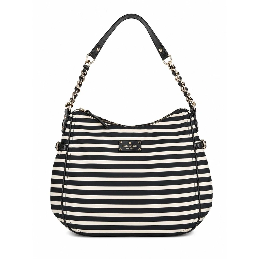 Kate Spade Vintage Y2K Black White Striped Nylon Shoulder Bag Chain Strap Purse